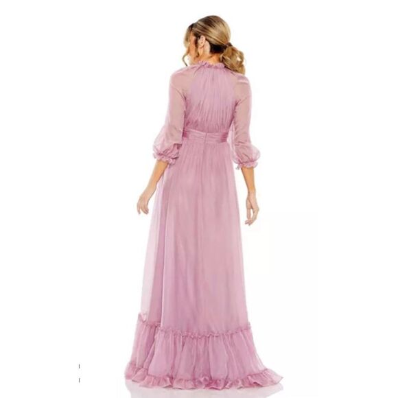 Mac Duggal Chiffon Ruched Illusion Raglan Sleeve Ruffled Gown Lilac Women's 12 - Picture 2 of 10